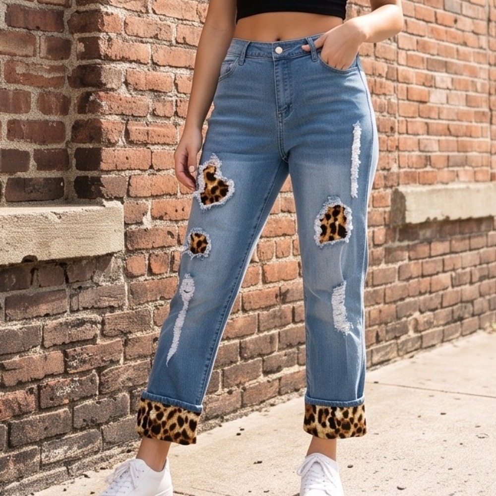 Venus 16 Leopard Print Distressed Cropped Jeans Blue Denim Festival Edgy Rocker